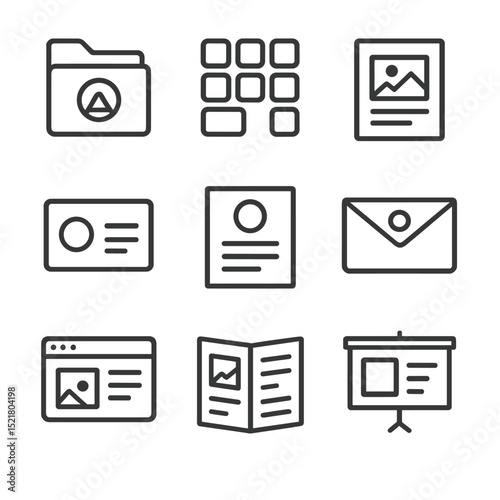Brand Assets Icon Set. Outline icon set of brand assets library: logo files folder, icon pack, social media templates, business