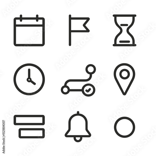 Campaign Timeline Icons. Outline icon set of campaign timeline milestones: calendar sheet, milestone flag, hourglass, clock face,