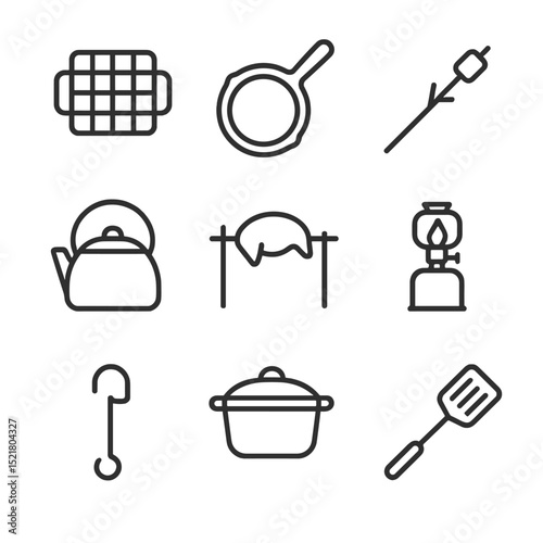 Campfire Cooking Icons. Outline icon set of campfire cooking tools: grill grate, cast iron skillet, marshmallow stick, kettle,
