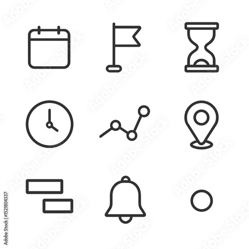 Campaign Timeline Icons. Outline icon set of campaign timeline milestones: calendar sheet, milestone flag, hourglass, clock face,