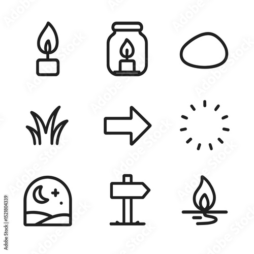 Candlelit Path Icons. Outline icon set of candlelit pathway: candle flame, jar lantern, pathway stone, grass tufts, directional