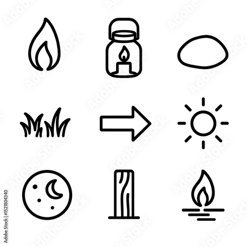 Candlelit Path Icons. Outline icon set of candlelit pathway: candle flame, jar lantern, pathway stone, grass tufts, directional