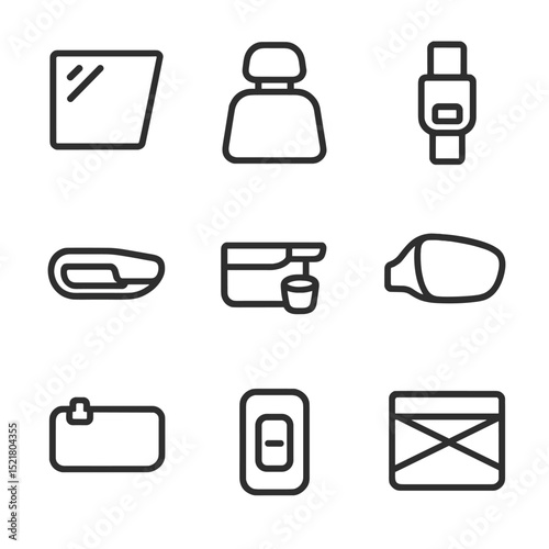 Car Feature Icons. Outline icon set of car window seat features: car window, seat headrest, seatbelt buckle, door handle, armrest