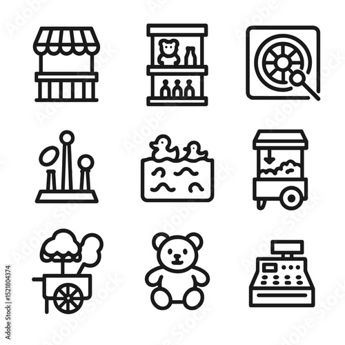 Carnival Booth Icons. Outline icon set of carnival booth props: ticket booth, prize shelf, dart board, ring toss rack, duck pond,