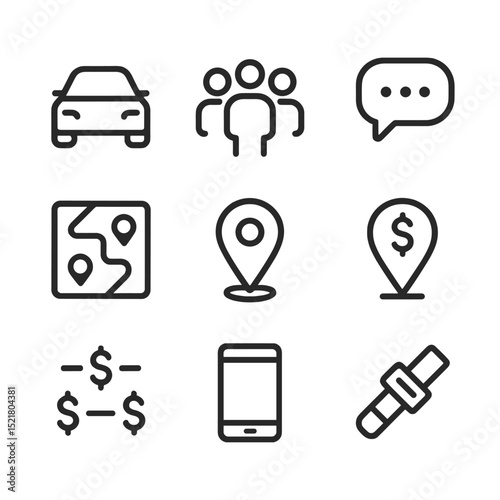 Carpool Icon Set. Outline icon set of carpooling and ride-sharing: shared car, multiple passengers, chat bubble, route map, pickup