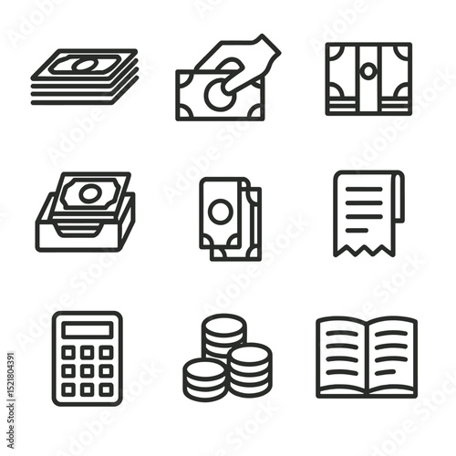 Cash Handling Icons. Outline icon set of cash stack handling: stack of bills, hand placing bill, currency band, counting tray,