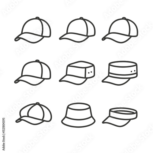 Casual Cap Icon Set. Outline icon set of Casual cap styles: baseball cap, snapback cap, dad hat, trucker cap, five-panel cap,