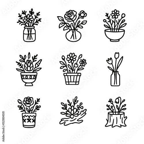 Centerpiece Icons Collection. Outline icon set of thematic centerpiece ideas: rustic wildflower, elegant rose, country meadow,