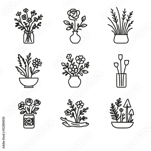 Centerpiece Icons Collection. Outline icon set of thematic centerpiece ideas: rustic wildflower, elegant rose, country meadow,