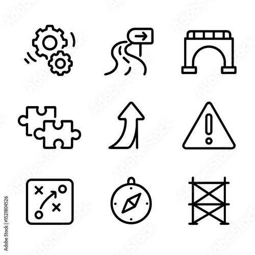 Change Management Icons. Outline icon set of change management coaching: gears turning, roadmap detour, bridge, transformation
