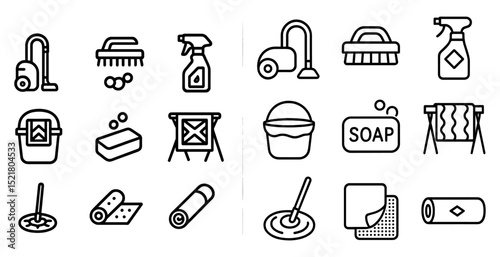 Essential cleaning icons collection for household and domestic use