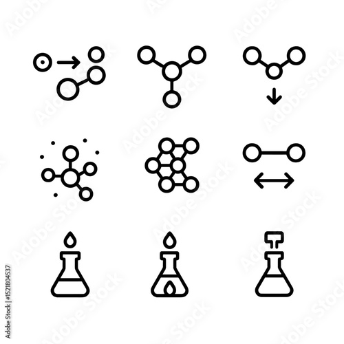Chemical Reaction Icons. Outline icon set of chemical reaction phases: initiation, propagation, termination, nucleation, growth,