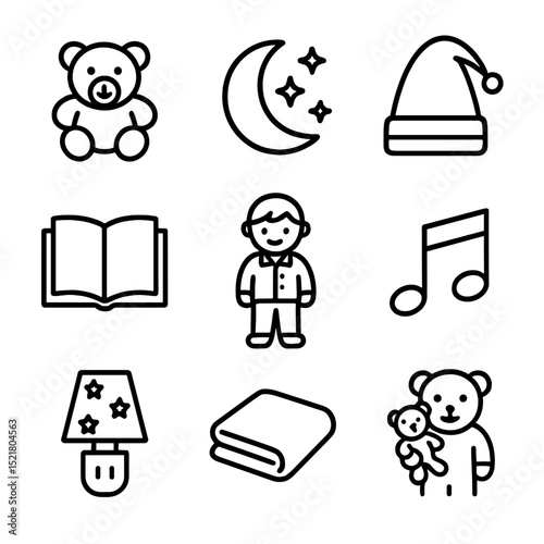 Children's Bedtime Icons. Outline icon set of children’s bedtime story mornings: teddy bear, moon and stars, sleep cap, storybook,