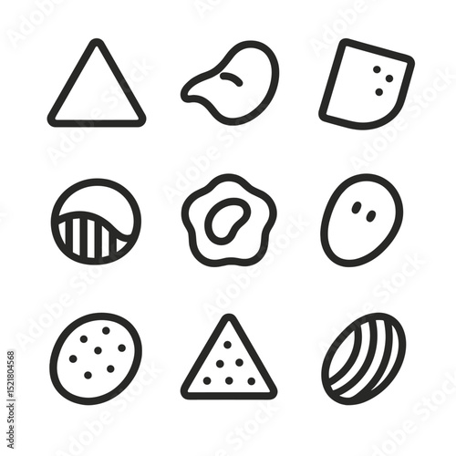 Chip Varieties Icons. Outline icon set of chip varieties: tortilla chip, potato chip, pita chip, corn chip, veggie chip, sweet
