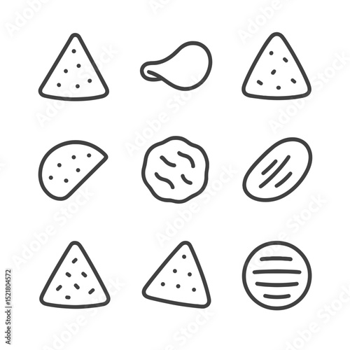 Chip Varieties Icons. Outline icon set of chip varieties: tortilla chip, potato chip, pita chip, corn chip, veggie chip, sweet