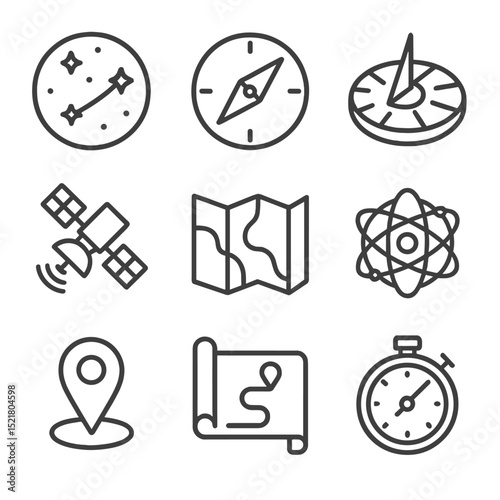 Chrono Navigation Icons. Outline icon set of chrono navigation tools: star chart, magnetic compass, sundial, GPS satellite, map