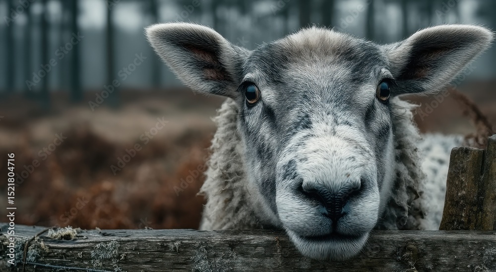 Obraz premium Close-Up of Sheep With Woolly Face Over Wooden Fence, Symbolizing Rural Serenity and Sustainable Agriculture : Generative AI