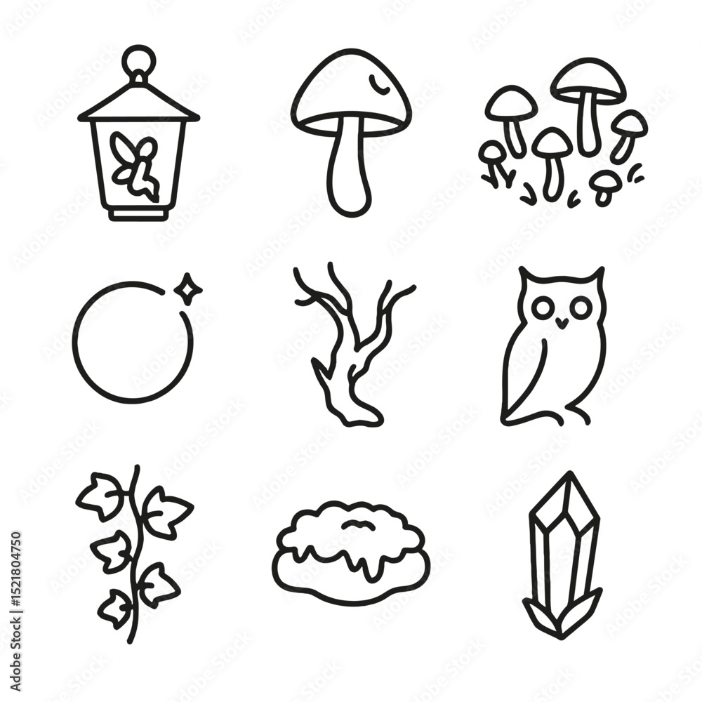 Fototapeta premium Enchanted Forest Icons. Outline icon set of enchanted misty woods: fairy lantern, magical mushroom, toadstool circle, glowing orb,