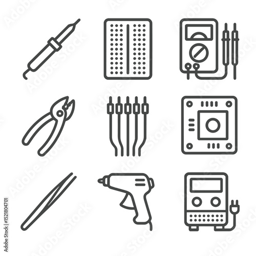 Electronics Tools Icons. Outline icon set of electronics prototyping tools: soldering iron, breadboard, multimeter, wire stripper,