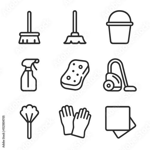 Cleaning Supplies Icons. Outline icon set of home cleaning supplies: broom, mop, bucket, spray bottle, sponge, vacuum, duster,