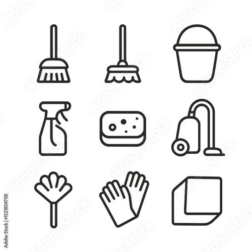 Cleaning Supplies Icons. Outline icon set of home cleaning supplies: broom, mop, bucket, spray bottle, sponge, vacuum, duster,