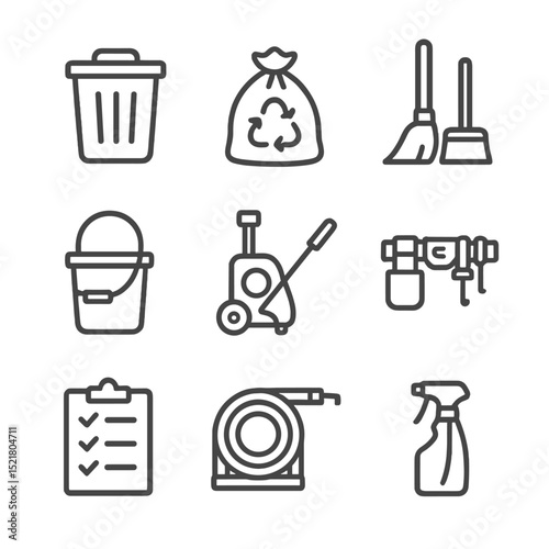 Cleanup Tools Icons. Outline icon set of cleanup and maintenance tasks: trash bin, recycling bag, broom and dustpan, mop bucket,