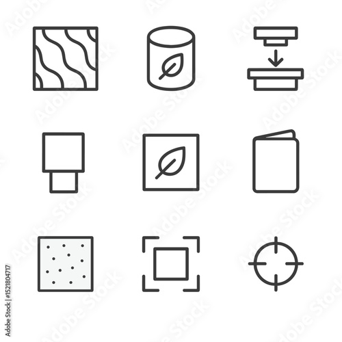 Embossing Techniques Icons. Outline icon set of embossing techniques: raised pattern, embossing die, pressure plate, foil underlay