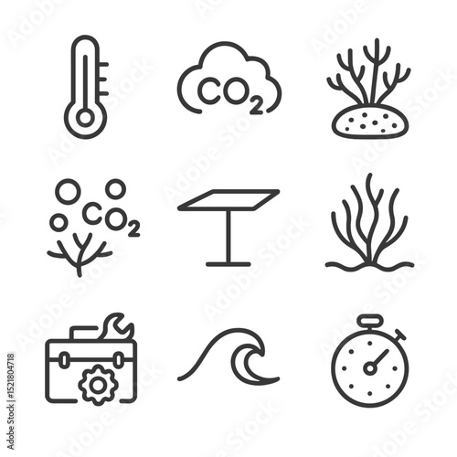 Climate Resilience Icons. Outline icon set of climate resilience: thermometer, CO₂ cloud, bleaching coral, acidification icon,