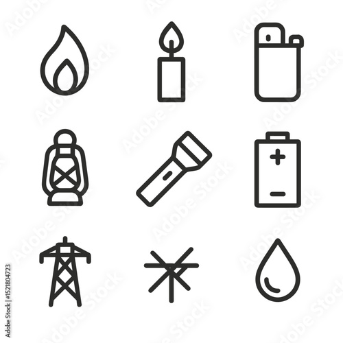 Emergency Icon Set. Outline icon set of emergency blackout candle: candle flame, plain candle, matchstick, lighter, lantern