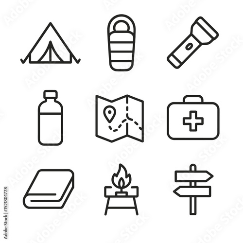 Emergency Shelter Icons. Outline icon set of emergency shelter: tent, sleeping bag, flashlight, water bottle, map, first aid kit,