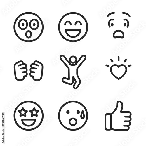 Emotional Icon Set. Outline icon set of emotional excitement: wide-eyed face, open mouth smile, raised eyebrows, clenched fists,