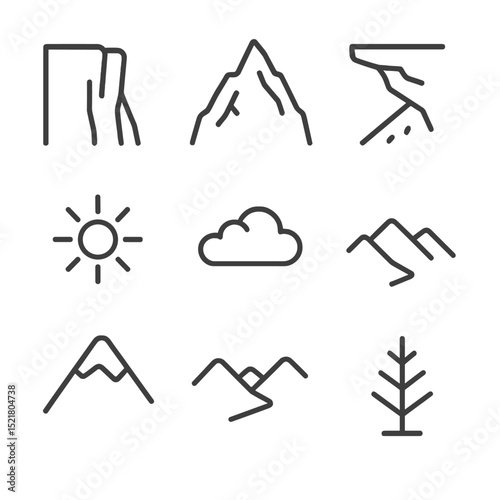 Cliff Landscape Icons. Outline icon set of cliff landscapes: sheer rock face, jagged peak, scree slope, overhang ledge, mountain