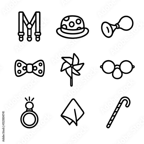 Clown Accessories Icons. Outline icon set of clown accessories: rainbow suspenders, polka bowler hat, horn, colorful bow, pinwheel