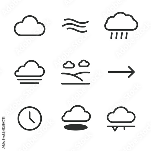 Cloud Movement Icons. Outline icon set of cloud movement studies: cumulus cloud, cirrus streak, nimbostratus mass, fog bank, sky