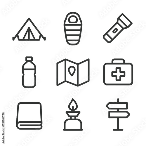 Emergency Shelter Icons. Outline icon set of emergency shelter: tent, sleeping bag, flashlight, water bottle, map, first aid kit,