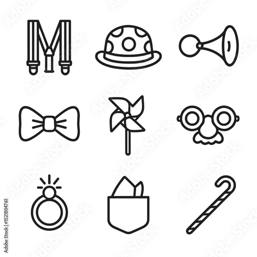 Clown Accessories Icons. Outline icon set of clown accessories: rainbow suspenders, polka bowler hat, horn, colorful bow, pinwheel