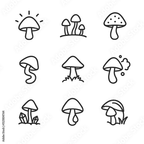 Enchanted Mushroom Icon Set. Outline icon set of enchanted mushrooms: glowing toadstool, fairy ring, bioluminescent cap, twisted