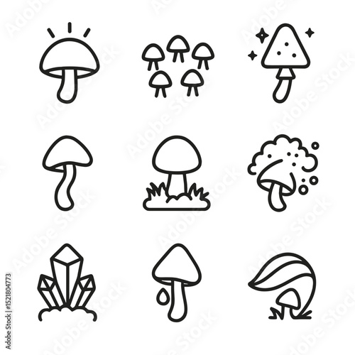Enchanted Mushroom Icon Set. Outline icon set of enchanted mushrooms: glowing toadstool, fairy ring, bioluminescent cap, twisted