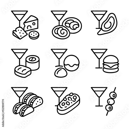 Cocktail Food Pairing Icons. Outline icon set of cocktail and food pairings: cheese board, charcuterie plate, oyster shell, sushi