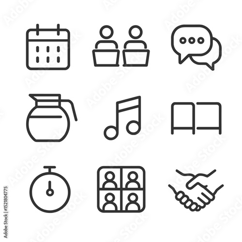 Co-working Icon Set. Outline icon set of co-working at home: shared calendar, virtual coworking room, group chat, coffee pot,