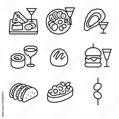 Cocktail Food Pairing Icons. Outline icon set of cocktail and food pairings: cheese board, charcuterie plate, oyster shell, sushi