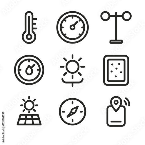 Environmental Monitoring Icons. Outline icon set of environmental monitoring: thermometer, barometer, anemometer, hygrometer, UV