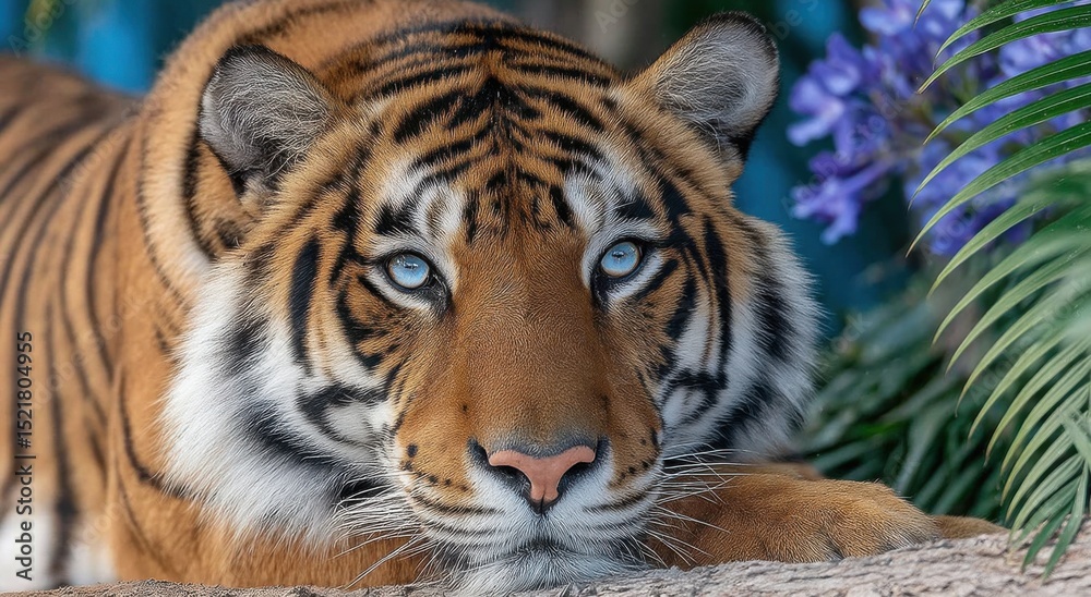 Naklejka premium Close-Up of a Majestic Bengal Tiger Resting in Lush Foliage, Symbolizing Wildlife Conservation and Environmental Awareness Campaigns : Generative AI