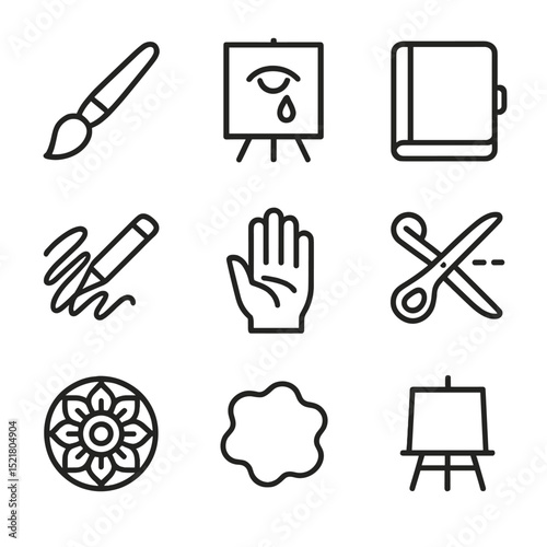 Expressive Art Icons. Outline icon set of expressive art therapy: paintbrush, canvas with tear motif, journal, pencil doodle, clay