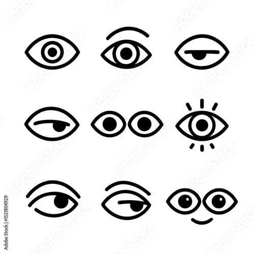 Eye Contact Icons. Outline icon set of eye contact cues: pupil dilation, eyebrow raise, slow blink, prolonged stare, glance away,