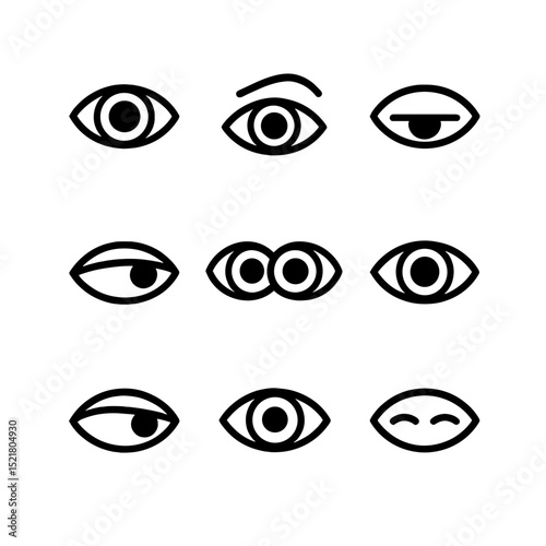Eye Contact Icons. Outline icon set of eye contact cues: pupil dilation, eyebrow raise, slow blink, prolonged stare, glance away,