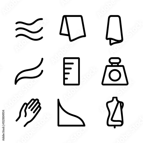 Fabric Drape Icons. Outline icon set of drape and weight characteristics: light chiffon wave, medium crepe fold, heavy canvas hang