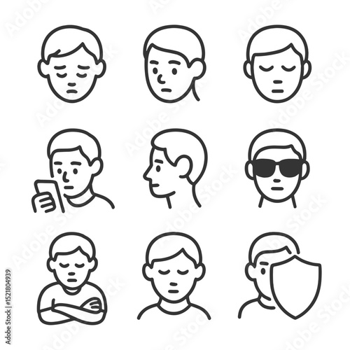 Eye Contact Icons. Outline icon set of eye contact avoidance: downcast eyes, side glance, closed eyelids, phone distraction, head