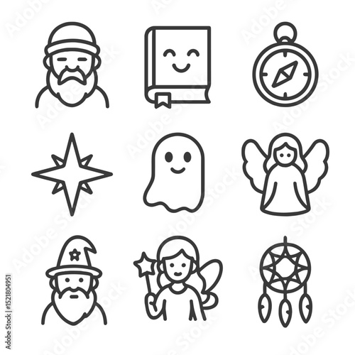 Fairy Tale Guides Icons. Outline icon set of fairy tale helpers and guides: wise old man, talking book, magical compass, guiding
