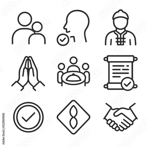 Family Approval Icons. Outline icon set of family and cultural approval: parent silhouette, nodding head, blessing hands,